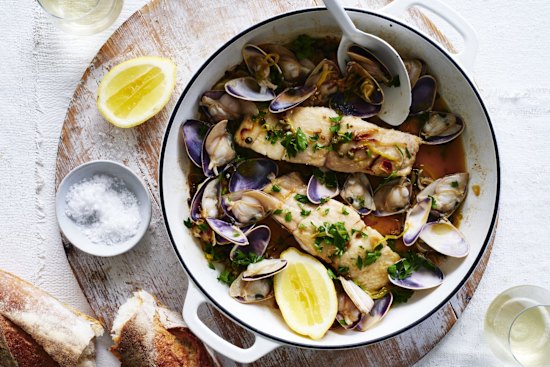 Adam Liaw's blue eye and clams with capers.