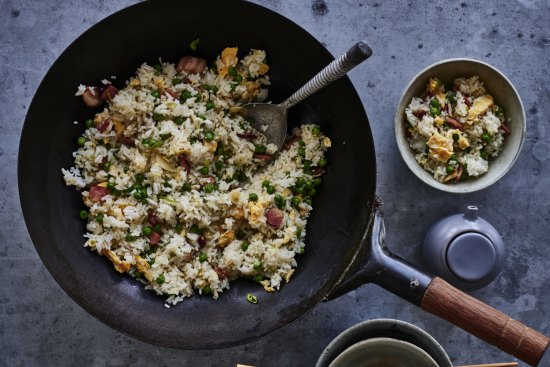 Bacon, egg and pea fried rice.