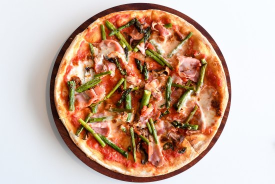 New season's asparagus, stracchino and pancetta on a disc at Pizza Meine Liebe Two.