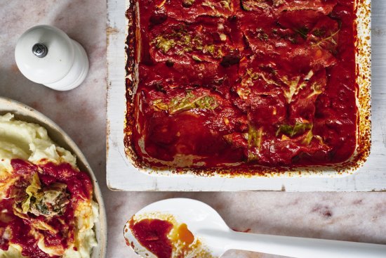 Italian-style stuffed cabbage in tomato sauce.