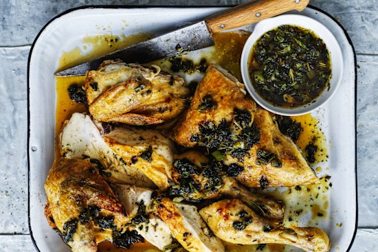 Butterflied chicken with wilted herbs, soy and honey dressing.