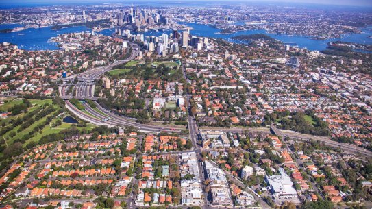 Sydney's lower north shore, looking south from Cammeray over the central business district. 