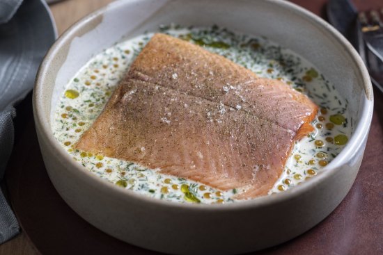Mountain trout in cream with dill, mountain pepper and trout roe.