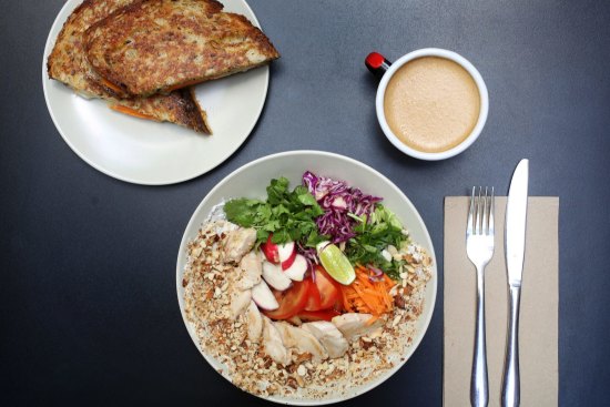 Rainbow chicken bowl, kim cheese toastie and bulletproof coffee.