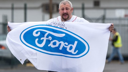Laid-off Ford worker Nick Doria leaving the Broadmeadows plant at the end of his last shift, he's worked there for 22 years. 