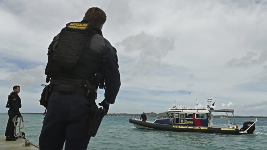 Australian Border Force (ABF) marine tactical officer Scott Emmett (right) on a fast response boat patrolling off Thursday Island. The ABF has increased their presence in the Torres Strait as a part of Operation Overarch that was designed to protect the Torres Strait protected zone. Torres Strait Treaty normally allows people to travel freely back and forth between the Torres Strait and PNG Treaty villages but this has been suspended due to the COVID-19 threat and both countries closing their borders. Daily life Saibai island, vaccination, Australian Border Force, Operation Overarch. Climate Change. Thursday Island, Torres Strait. 2nd June, 2021. Photo: Kate Geraghty 

