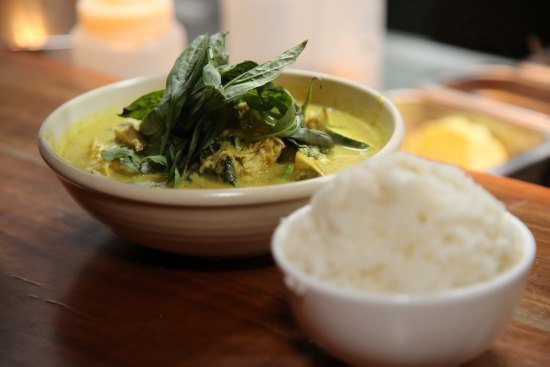 Green curry of organic chicken and market vegetables.