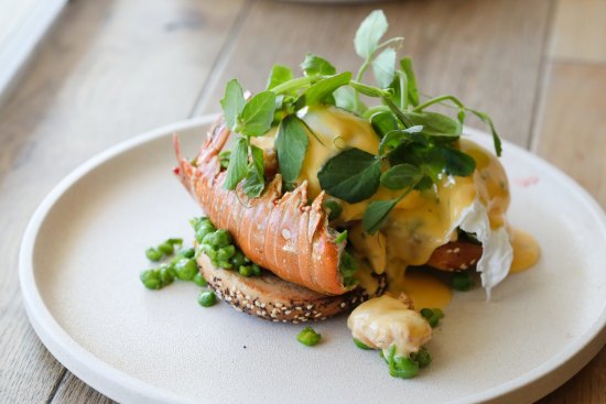 Butter-roasted lobster tail with poached eggs in a bagel.