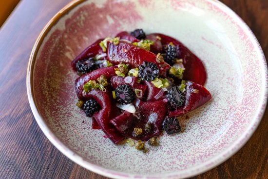 Roasted beetroot, light vinaigrette with merlot vinegar and coffee beans, capers and black mulberry from the new Lorraine's menu.
