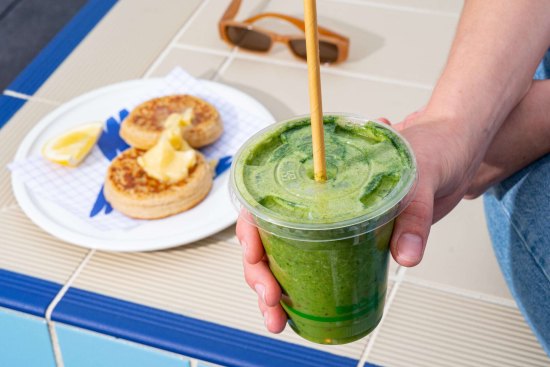 Post-swim crumpets and a green smoothie at Oh Boy cafe.