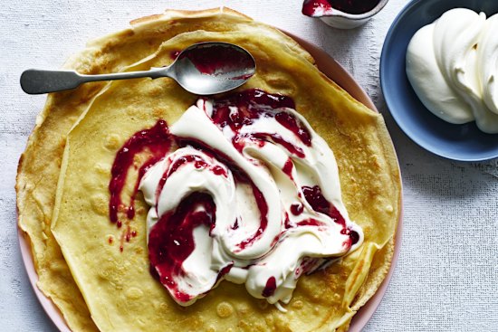 Swedish-style pancakes with jam and cream.