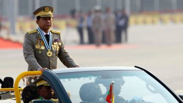 Myanmar's commander-in-chief, General Min Aung Hlaing at a parade to commemorate the Armed Forces Day in Naypyidaw on Monday.