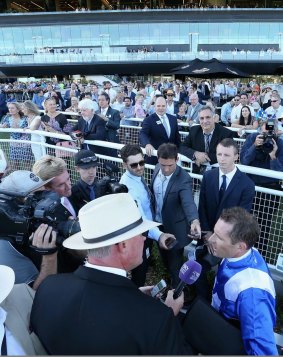 Hugh Bowman speaks to the media after winning Race 8 in the Apollo Stakes at Royal Randwick Racecourse on February 13, 2017.