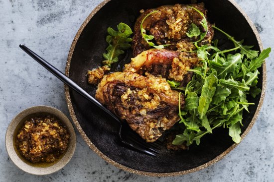 Lamb chops with onion, mustard and garlic vinaigrette.