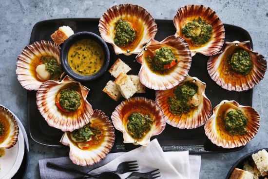 Adam Liaw's grilled scallops with herb butter.