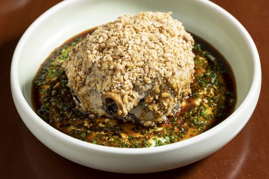 Lamb shoulder with almond sauce, anchovy, parmesan and pine nuts.