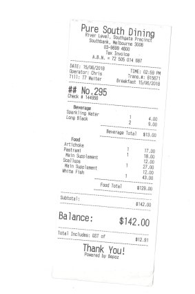 Receipt for lunch with Cookie Monster and Abby Cadabby at Pure South.