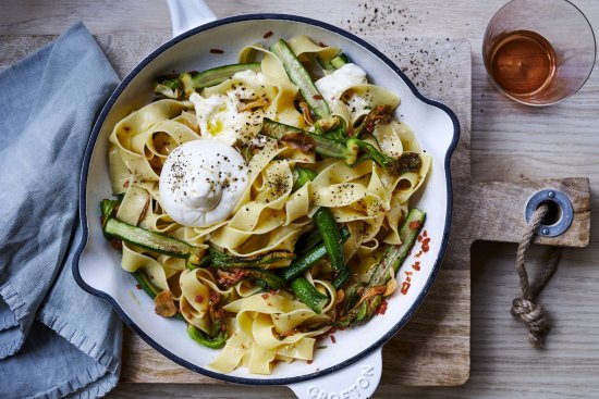 Blistered zucchini pasta with garlic and burrata. 