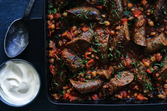 Lamb sausage stew with red butter.