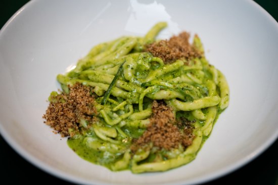 Strozzapreti with pistachio pesto and pangrattato.