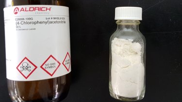 The raw material 2,4-chlorophenyl acetonitrile (left) can be synthesised into pyrimethamine (Daraprim). The sample on the right was made by Sydney Grammar students and is the equivalent of $150,000 worth at US prices.