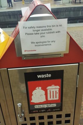Commuters are no longer allowed to used bins at Brisbane train stations because of security concerns.
