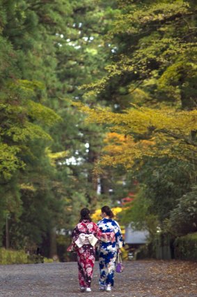 Two Japanese women in kimonos in Nikko , Japan