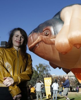 Patricia Piccinini with Skywhale at the National Gallery of Australia in 2013.