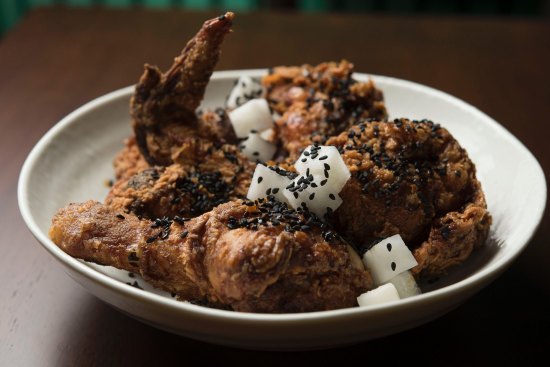 Shrimp-brined fried chicken, soy and syrup.