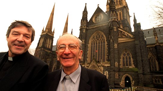 George Pell is pictured in 1996, shortly after his appointment as Archbishop of Melbourne, with his retiring predecessor Frank Little (right). 