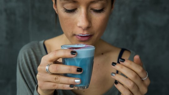 Yep, it's blue: Matcha Mylkbar co-owner Zoe Annabel with a blue algae latte.