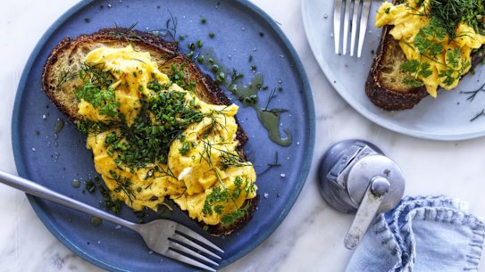Danielle Alvarez's buttery scrambled eggs. Recipes from Good Food Kitchen episode 1 October 2021. Good Food use only.
