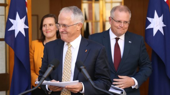 Prime Minister Malcolm Turnbull with Treasurer Scott Morrison and Kelly O'Dwyer, Minister for Small Business and Assistant Treasurer.