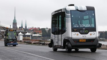 An EasyMile EZ-10 self-driving shuttle bus during testing as part of the Sohjoa pilot project in Helsinki, Finland, in August this year. 