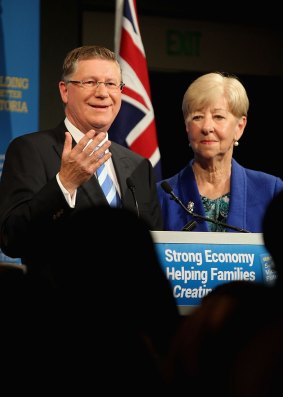 Outgoing Victorian Premier Denis Napthine concedes defeat with wife Peggy at his side.