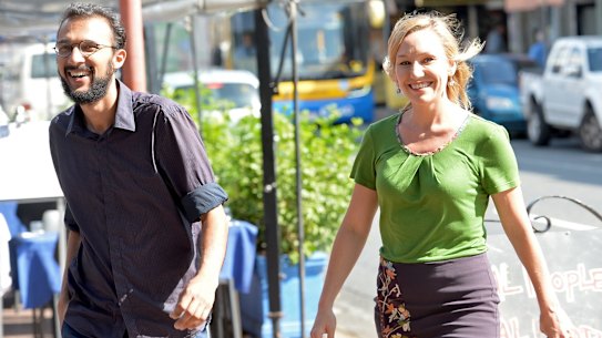 Councillor-elect Jonathan Sri and Senator Larissa Waters are celebrating the Greens' victory in The Gabba.