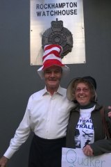 "Cat in the Hat" Nick Deane and "Quaker Granny" former WA senator Jo Valentine outside Rockhampton Watchouse.