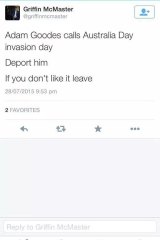 One of Griffin McMaster's since-deleted tweets about Adam Goodes.