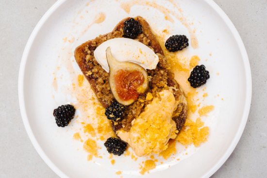 Brioche french toast with blackberries, black figs, freeze-dried mandarin and Golden Gaytime-inspired ice-cream at Soul Tree Cafe.