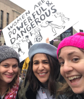 Lena Dunham with Amy Poehler and Jenni Konner at the Women's March on Washington. 