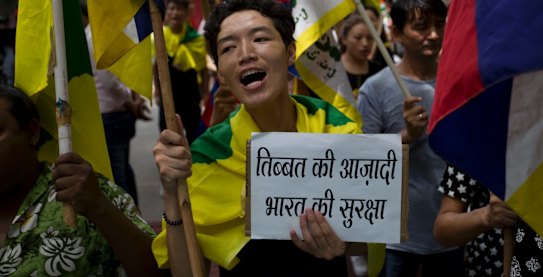 Exiled Tibetans show support with India on the Doklam standoff in New Delhi