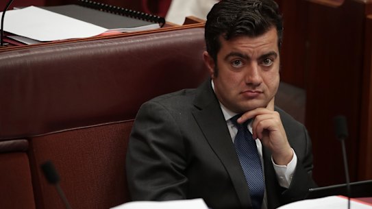 Senator Sam Dastyari during Question Time in the Senate at Parliament House in Canberra on Monday 4 December 2017. fedpol Photo: Alex Ellinghausen