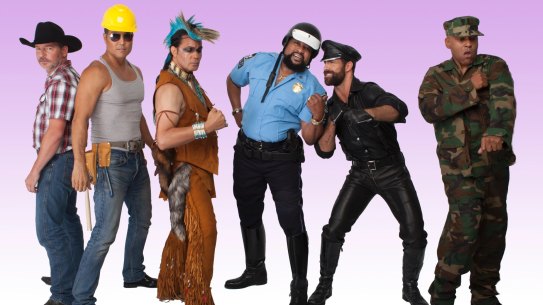 The all-new Village People line-up led by Victor Willis (blue shirt), who left the group in 1979 but has now reclaimed the name.