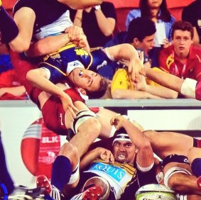 Queensland Reds flanker Liam Gill only got two weeks for this tackle on Brumbies halfback Nic White.