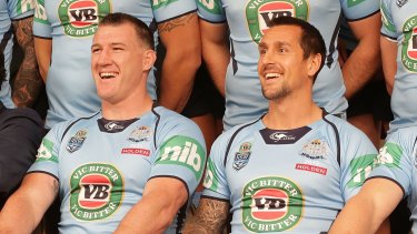 Gee-up merchants: Paul Gallen and Mitchell Pearce smile during the Blues State of Origin team photo.