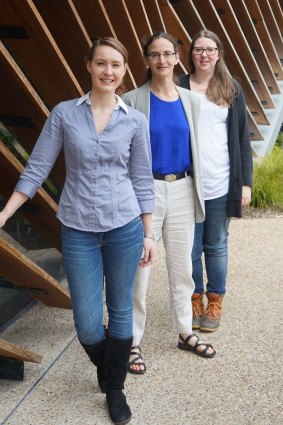 PhD student Erin Andrew with supervisor Dr Aude Fahrer and the previous PhD student in the lab Dr Christina Carroll.