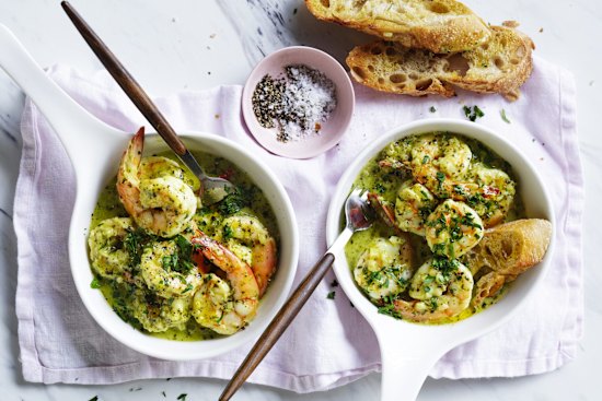 Adam Liaw's creamy pesto prawns.