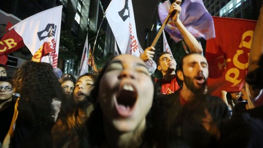 Demonstrators chant during the anti-Temer protest in Rio on May 18.