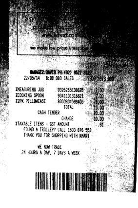 A copy of a receipt that shows Glen McNamara bought two pillow cases, a jug and a spoon from Kmart.