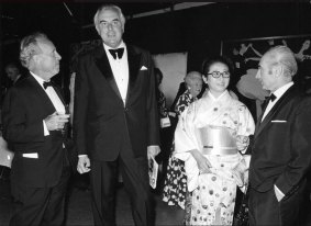 Opening of the inaugural Biennale of Sydney in 1973: Dr Herbert "Nugget" Coombs (left), then prime minister Gough Whitlam, artist Minami Tada and chairman Franco Belgiorno-Nettis. 